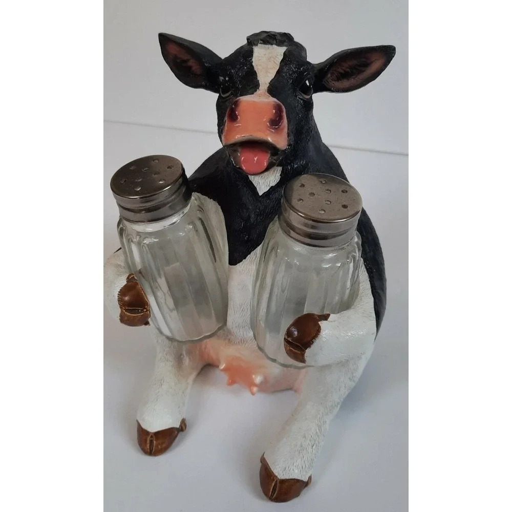 Cow Salt & Pepper Shaker Holder Set Black White Holstein Resin Farmhouse HD25971